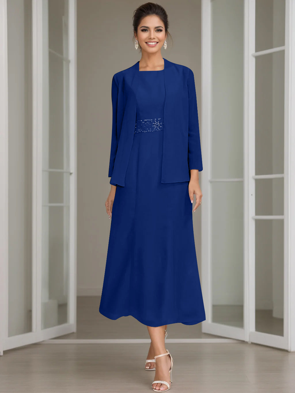 Sheath/Column Jewel Neck Tea Length Mother of the Bride Dresses with Jacket & Beading