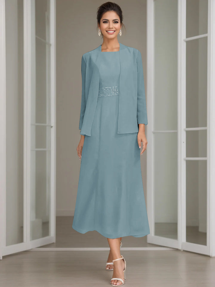 Sheath/Column Jewel Neck Tea Length Mother of the Bride Dresses with Jacket & Beading