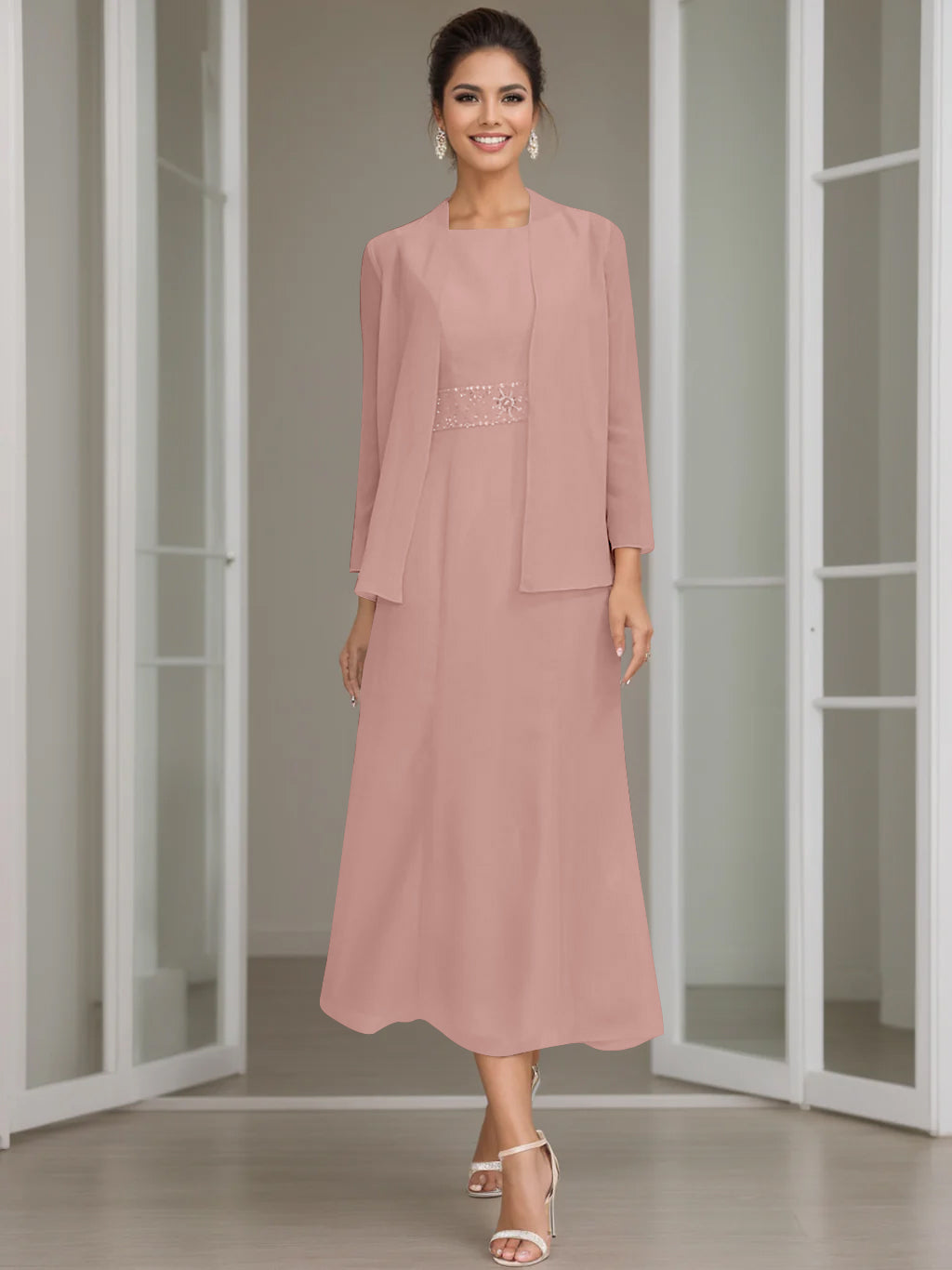 Sheath/Column Jewel Neck Tea Length Mother of the Bride Dresses with Jacket & Beading