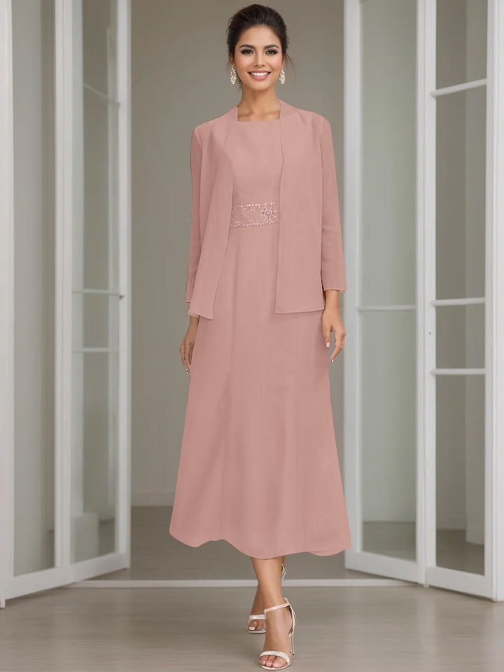 Sheath/Column Jewel Neck Tea Length Mother of the Bride Dresses with Jacket & Beading