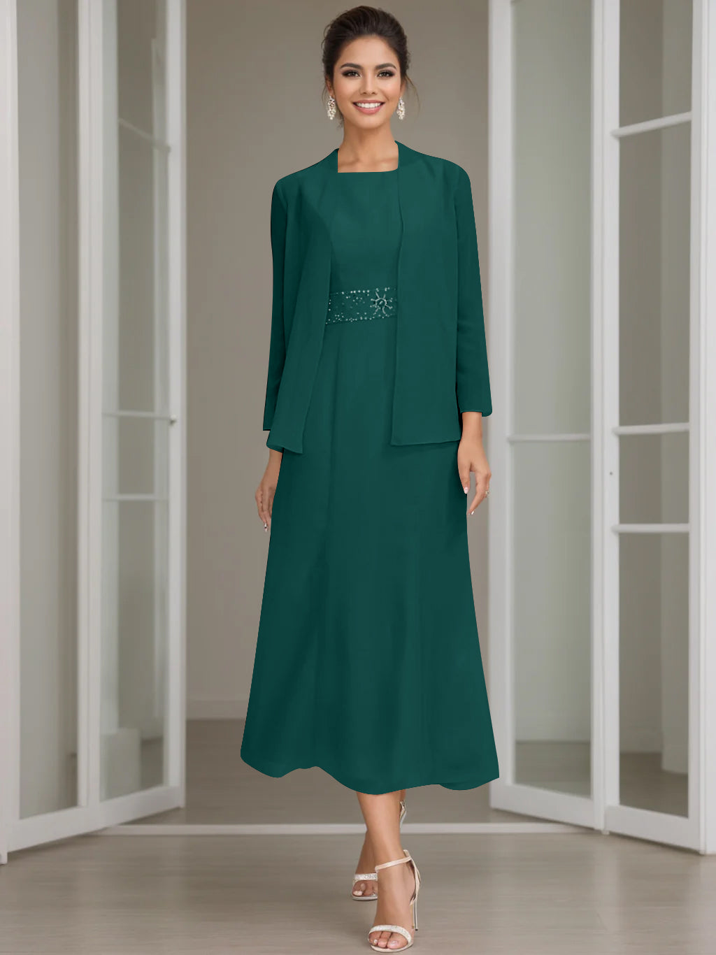 Sheath/Column Jewel Neck Tea Length Mother of the Bride Dresses with Jacket & Beading