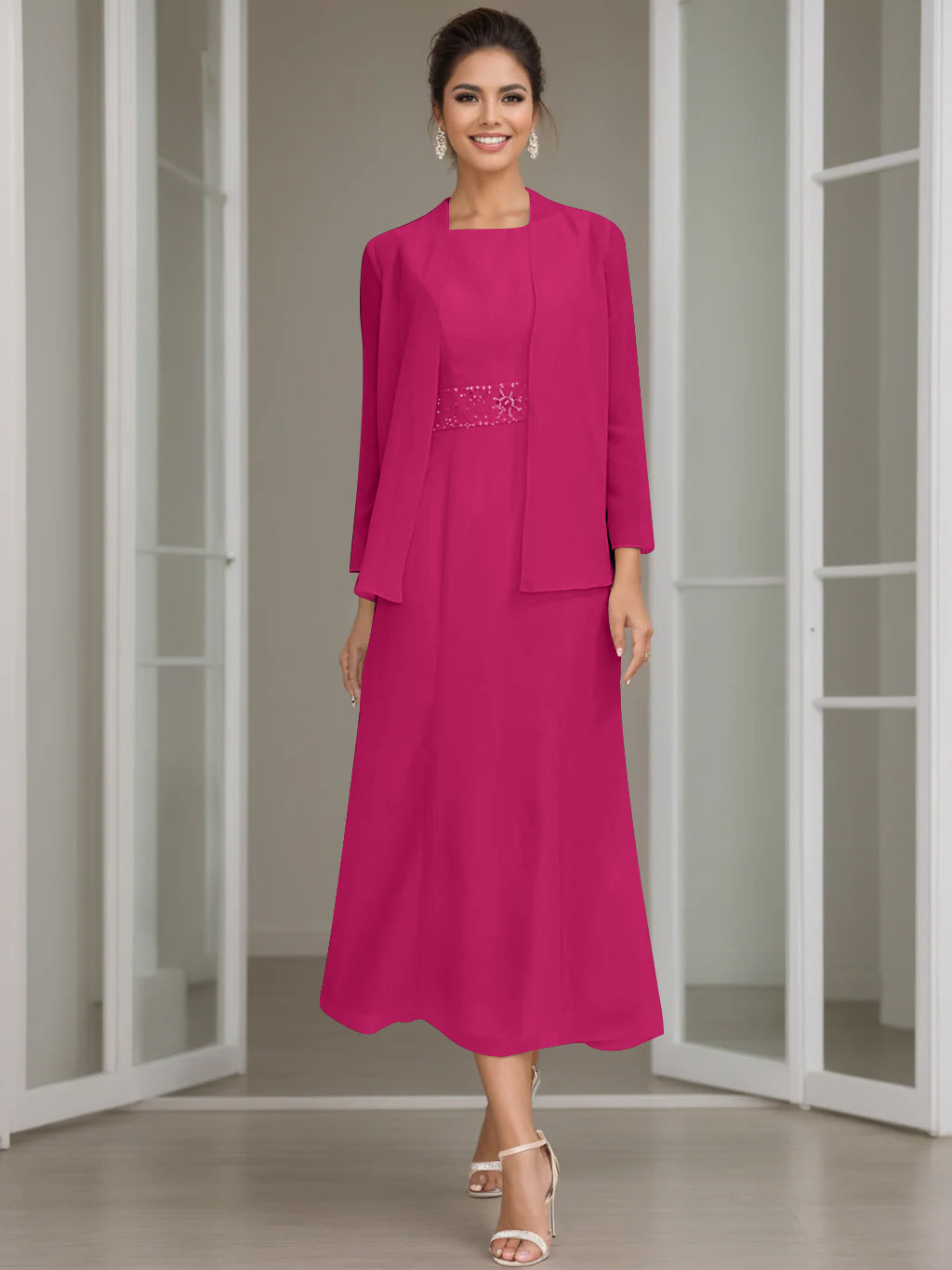 Sheath/Column Jewel Neck Tea Length Mother of the Bride Dresses with Jacket & Beading