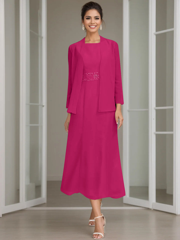 Sheath/Column Jewel Neck Tea Length Mother of the Bride Dresses with Jacket & Beading