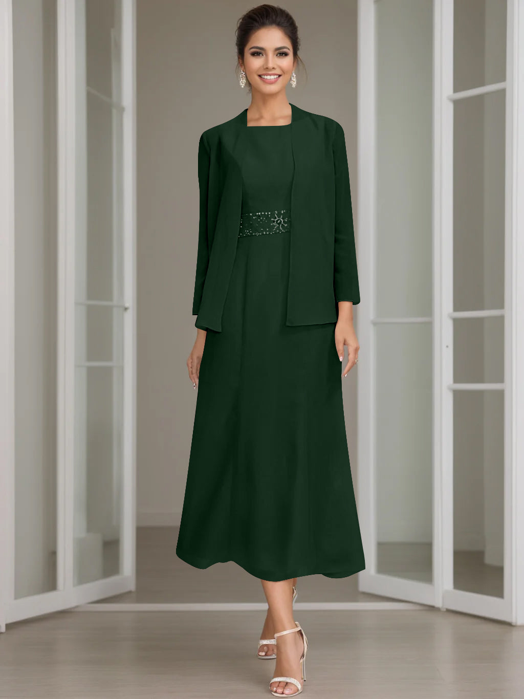 Sheath/Column Jewel Neck Tea Length Mother of the Bride Dresses with Jacket & Beading