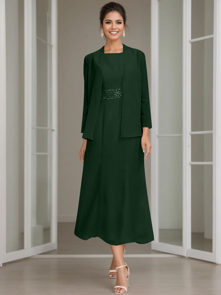 Sheath/Column Jewel Neck Tea Length Mother of the Bride Dresses with Jacket & Beading