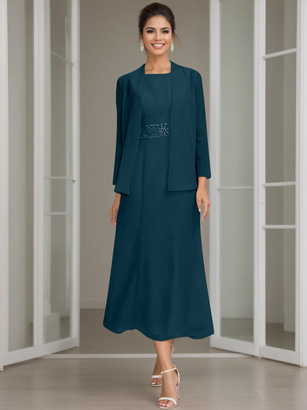 Sheath/Column Jewel Neck Tea Length Mother of the Bride Dresses with Jacket & Beading