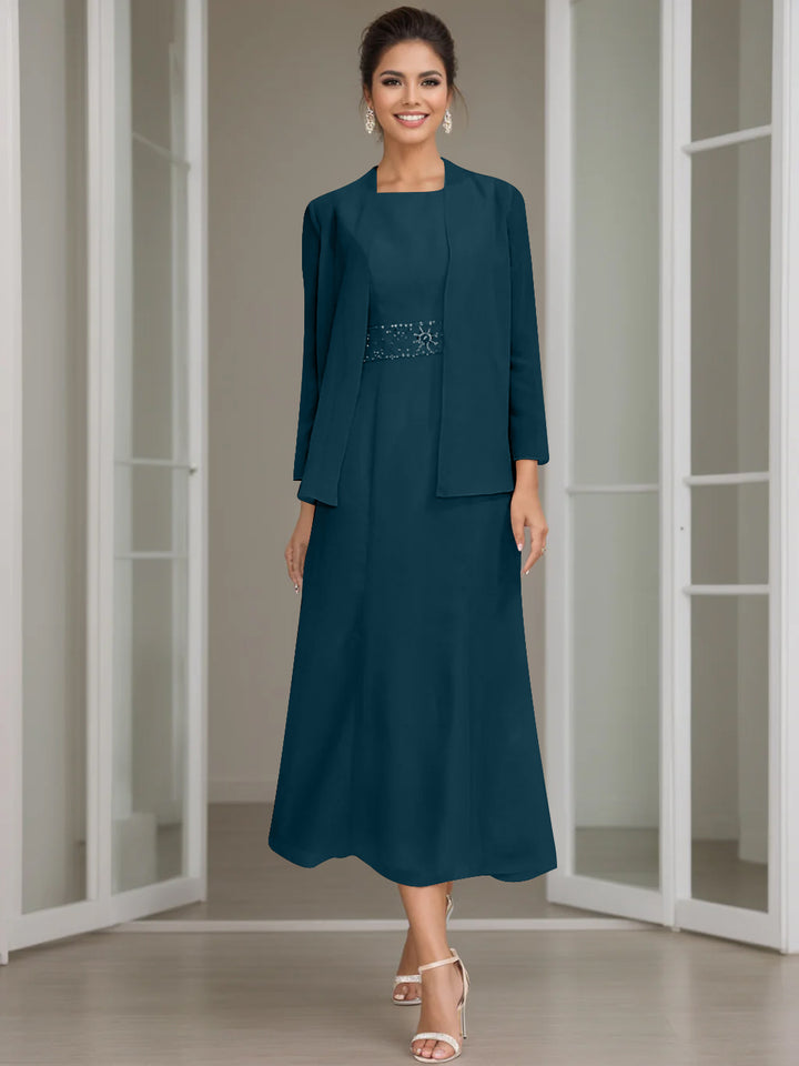 Sheath/Column Jewel Neck Tea Length Mother of the Bride Dresses with Jacket & Beading