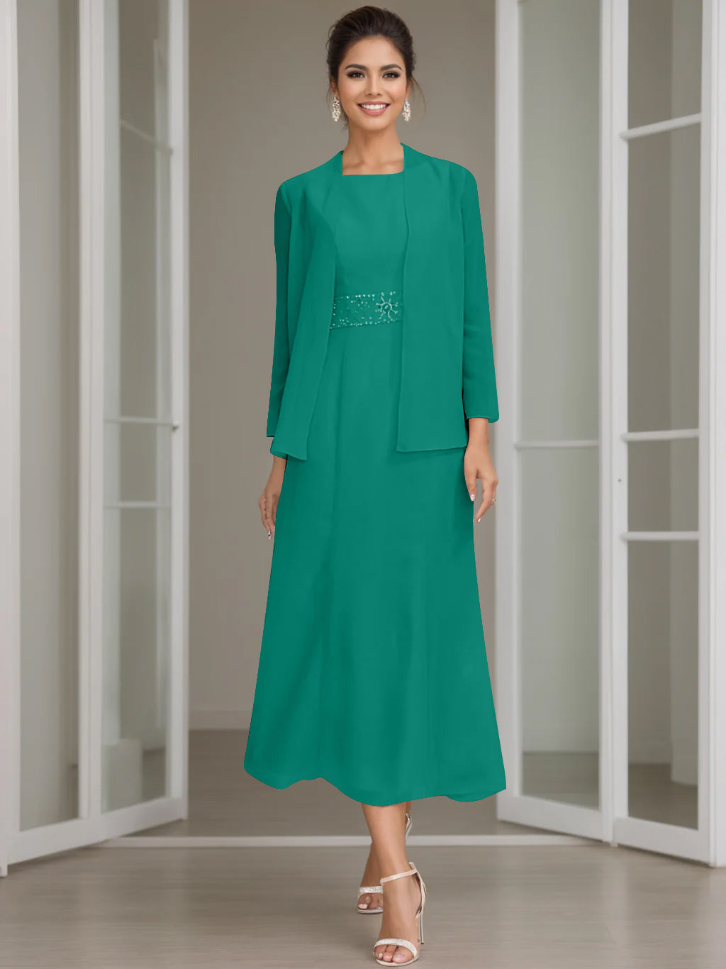 Sheath/Column Jewel Neck Tea Length Mother of the Bride Dresses with Jacket & Beading