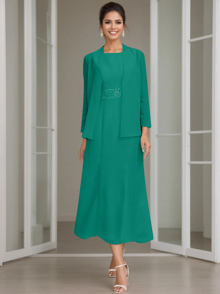 Sheath/Column Jewel Neck Tea Length Mother of the Bride Dresses with Jacket & Beading