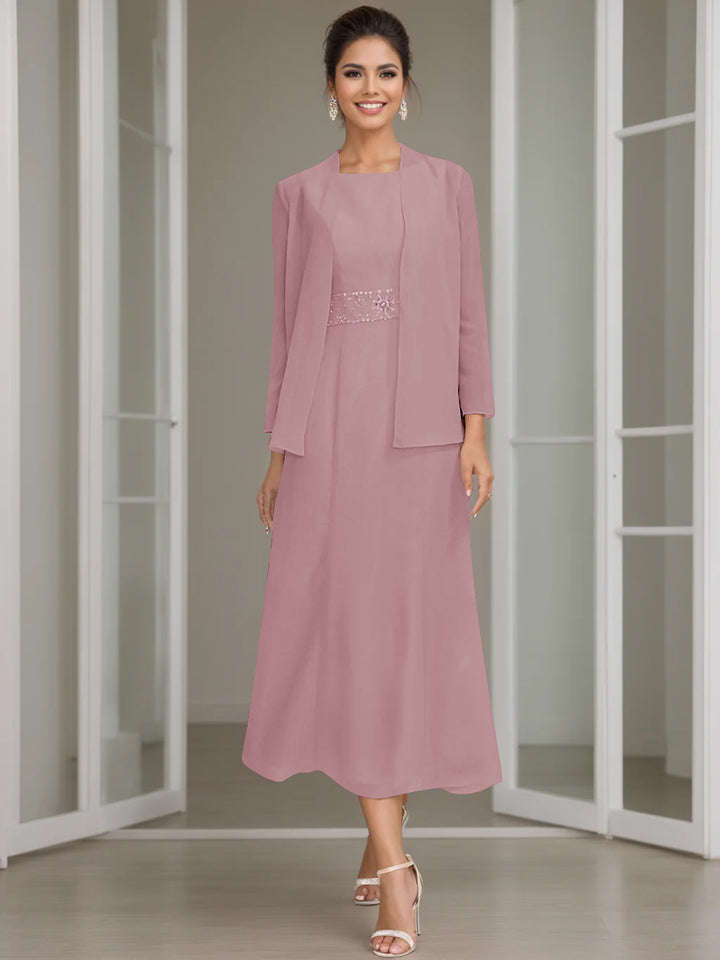 Sheath/Column Jewel Neck Tea Length Mother of the Bride Dresses with Jacket & Beading