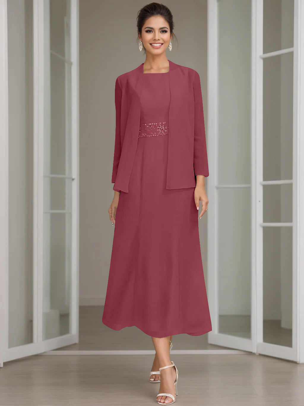 Sheath/Column Jewel Neck Tea Length Mother of the Bride Dresses with Jacket & Beading