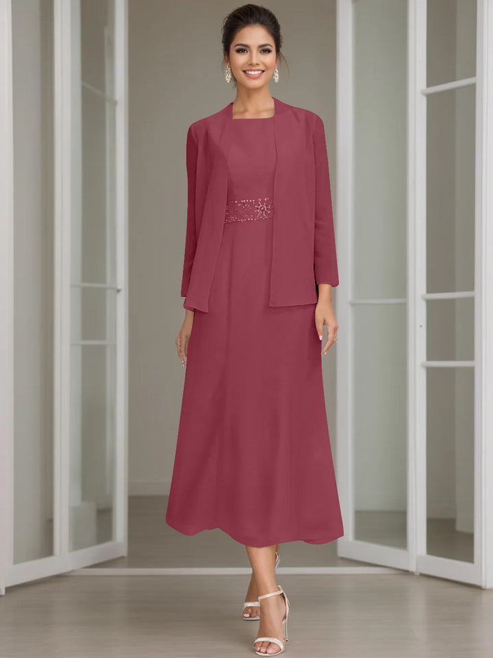 Sheath/Column Jewel Neck Tea Length Mother of the Bride Dresses with Jacket & Beading