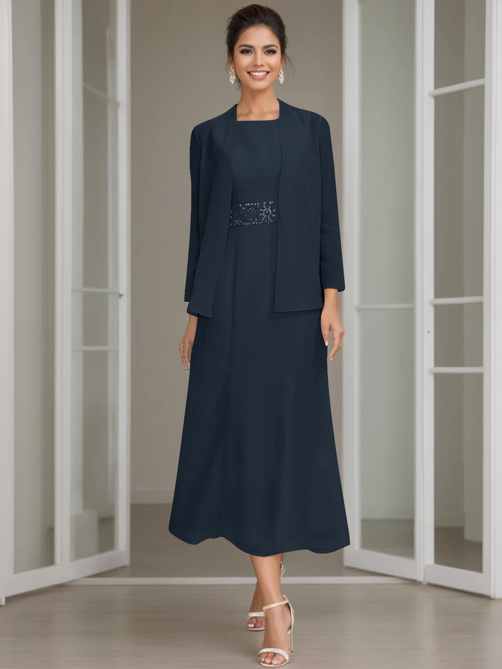 Sheath/Column Jewel Neck Tea Length Mother of the Bride Dresses with Jacket & Beading