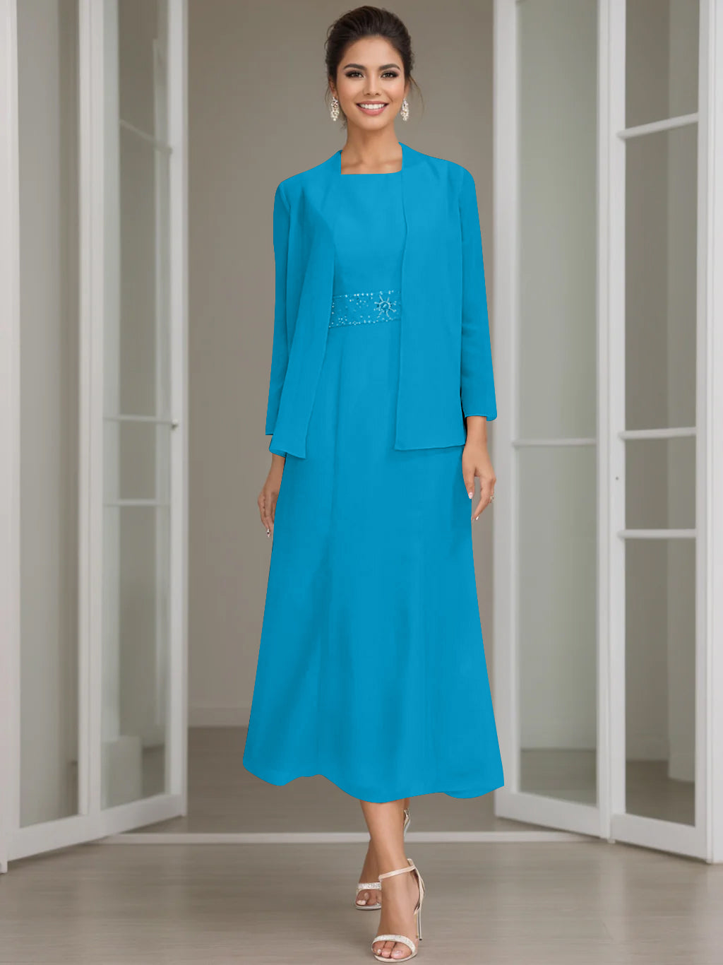 Sheath/Column Jewel Neck Tea Length Mother of the Bride Dresses with Jacket & Beading