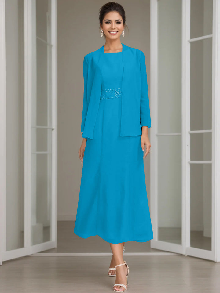 Sheath/Column Jewel Neck Tea Length Mother of the Bride Dresses with Jacket & Beading