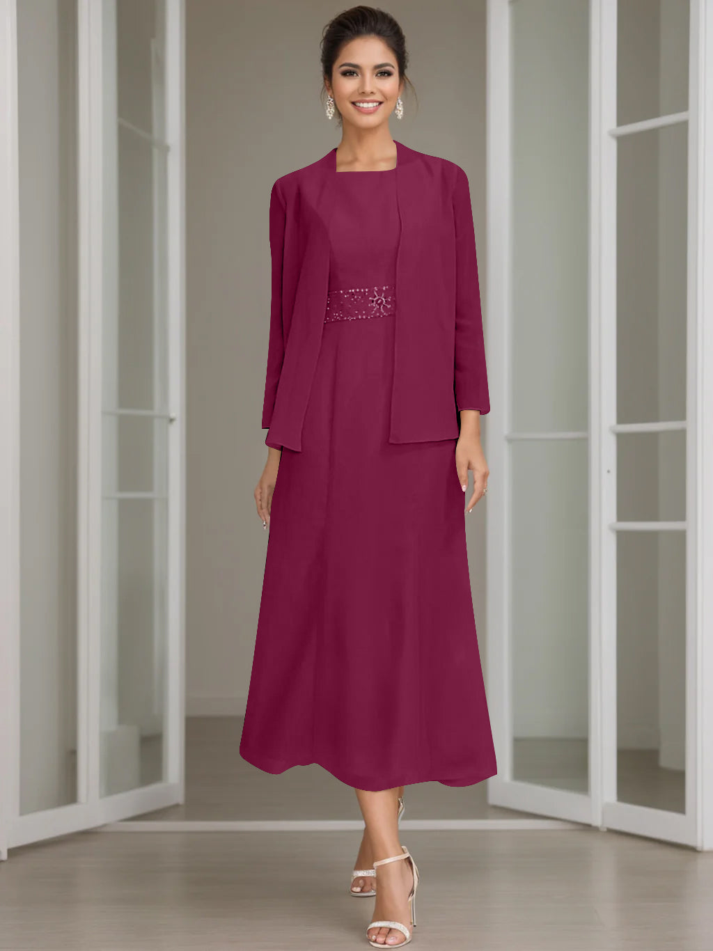 Sheath/Column Jewel Neck Tea Length Mother of the Bride Dresses with Jacket & Beading