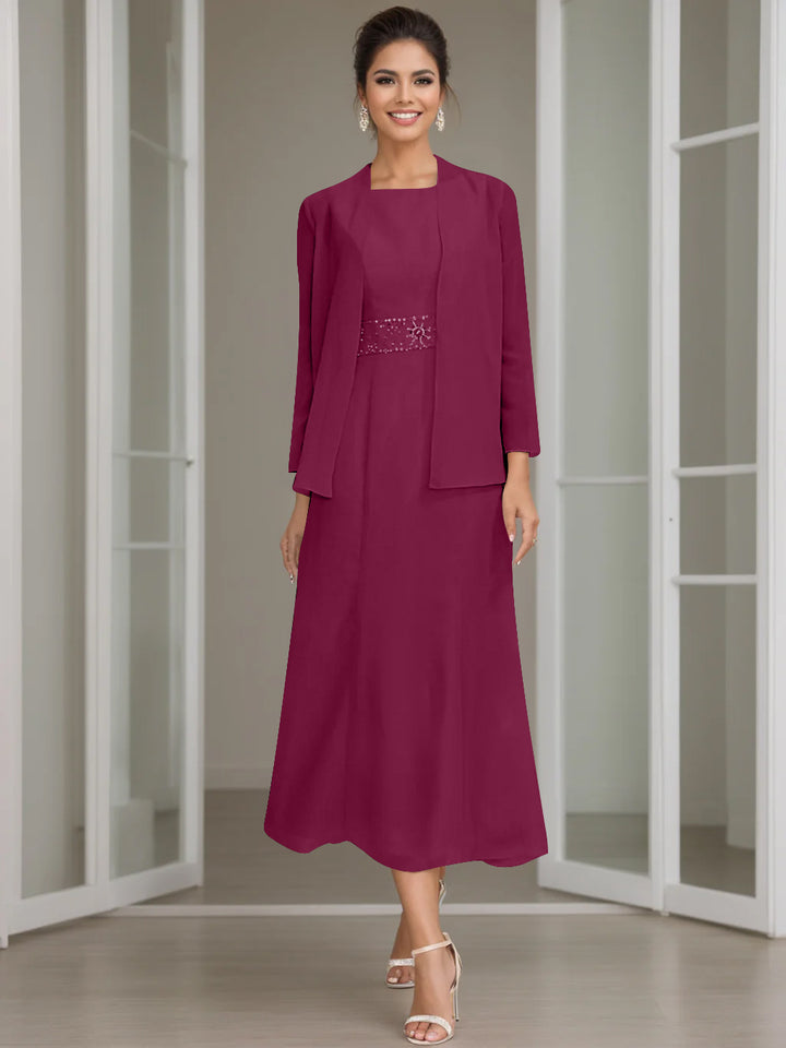 Sheath/Column Jewel Neck Tea Length Mother of the Bride Dresses with Jacket & Beading