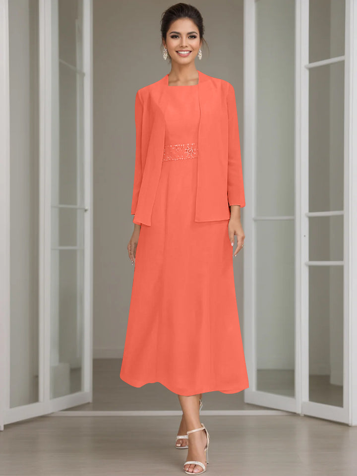Sheath/Column Jewel Neck Tea Length Mother of the Bride Dresses with Jacket & Beading