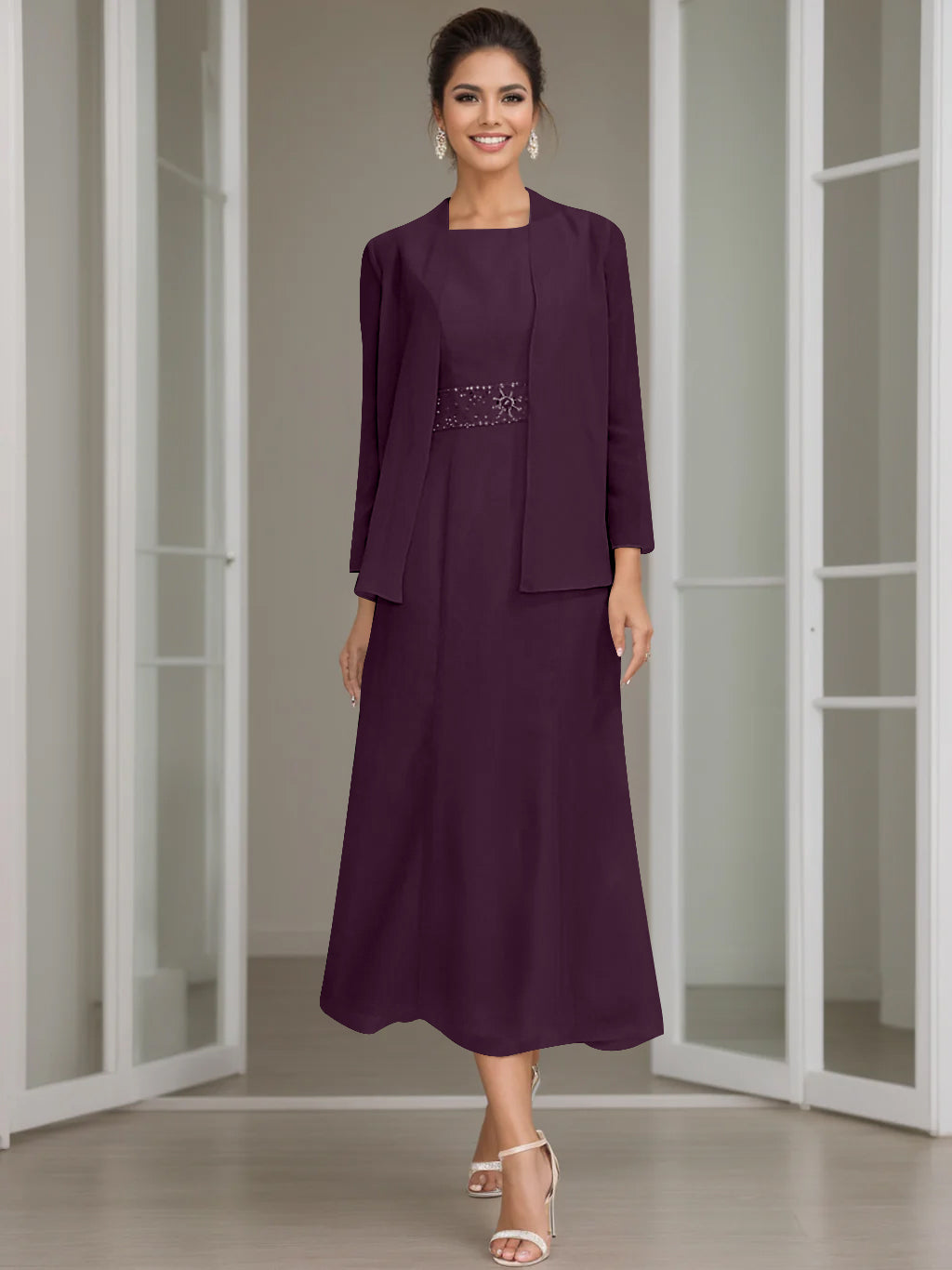 Sheath/Column Jewel Neck Tea Length Mother of the Bride Dresses with Jacket & Beading