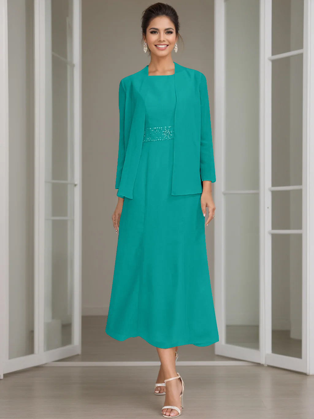 Sheath/Column Jewel Neck Tea Length Mother of the Bride Dresses with Jacket & Beading