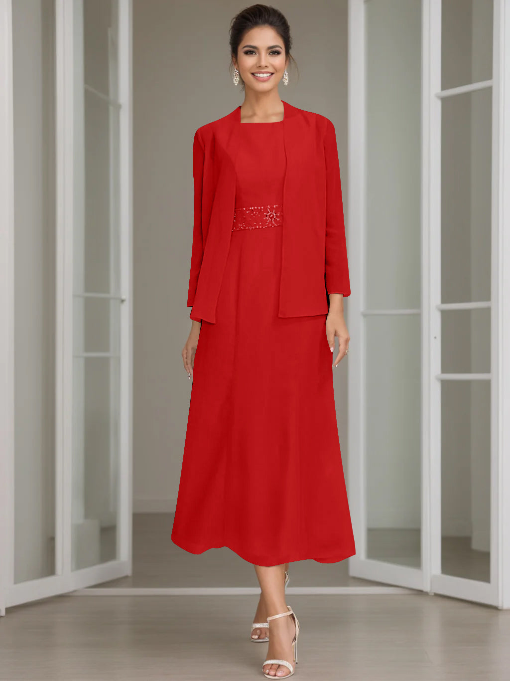 Sheath/Column Jewel Neck Tea Length Mother of the Bride Dresses with Jacket & Beading