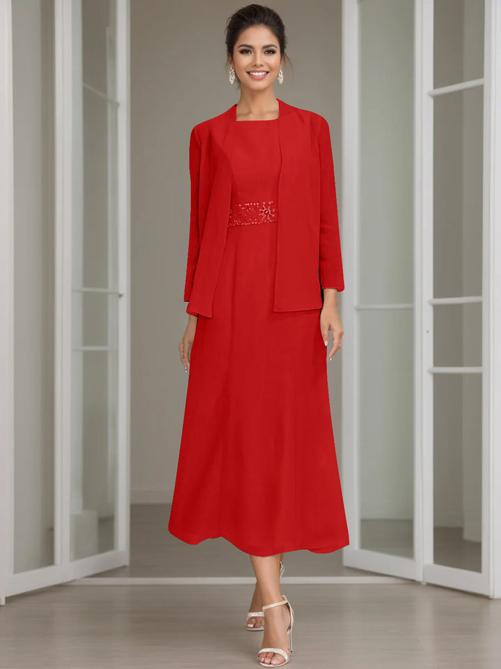 Sheath/Column Jewel Neck Tea Length Mother of the Bride Dresses with Jacket & Beading