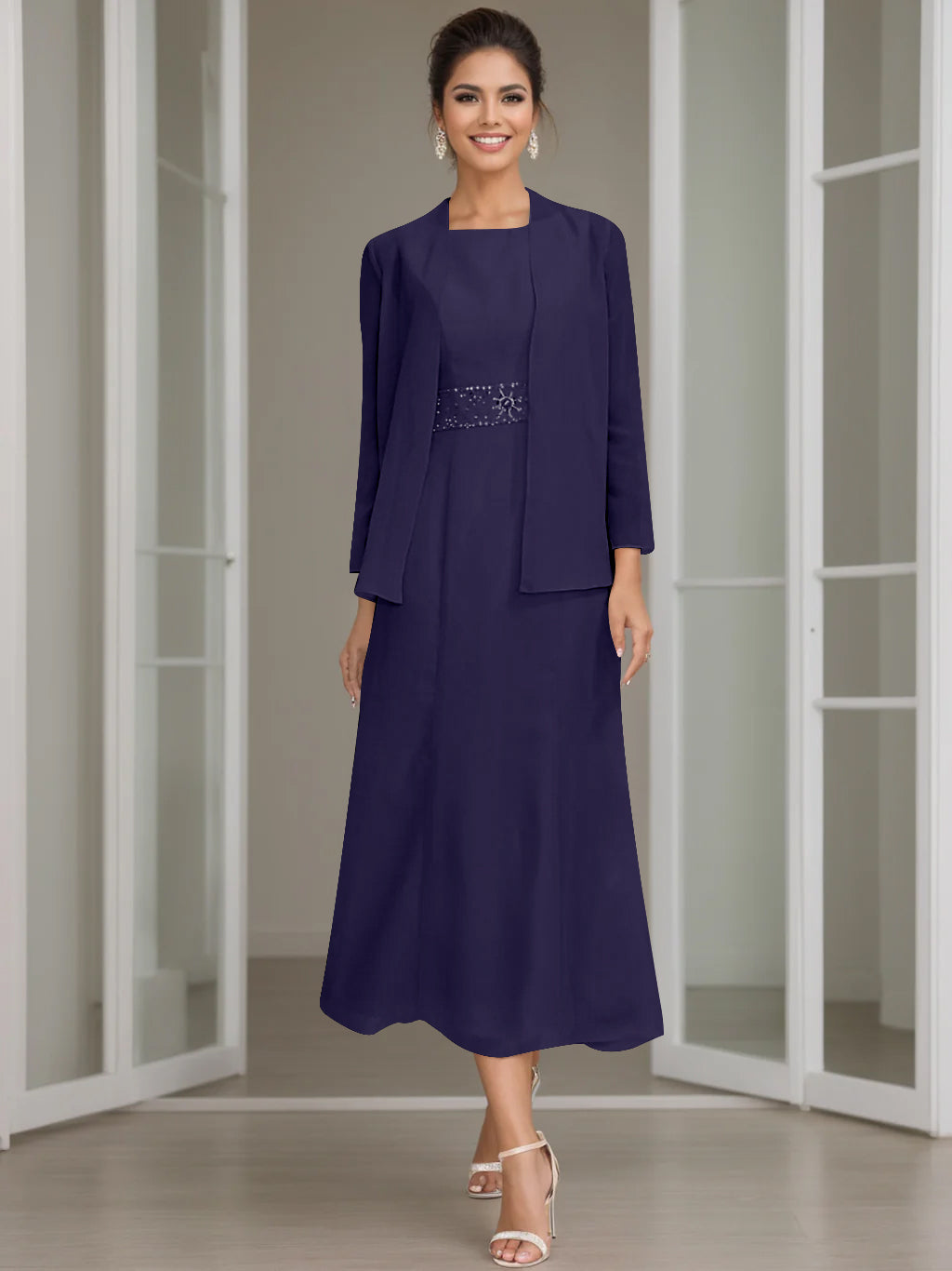 Sheath/Column Jewel Neck Tea Length Mother of the Bride Dresses with Jacket & Beading