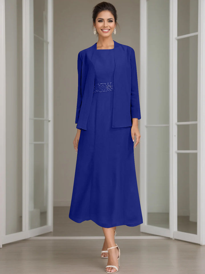 Sheath/Column Jewel Neck Tea Length Mother of the Bride Dresses with Jacket & Beading