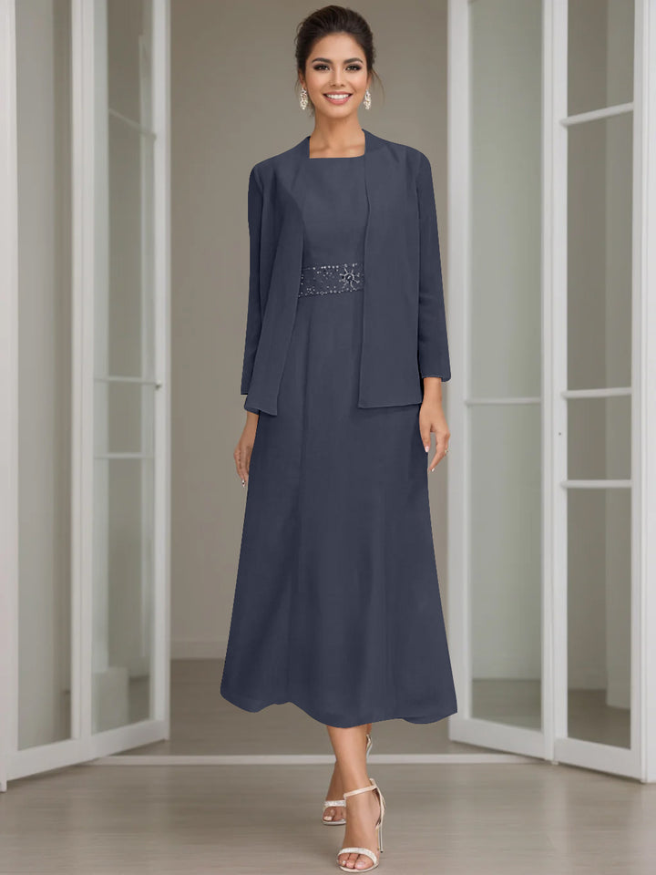 Sheath/Column Jewel Neck Tea Length Mother of the Bride Dresses with Jacket & Beading