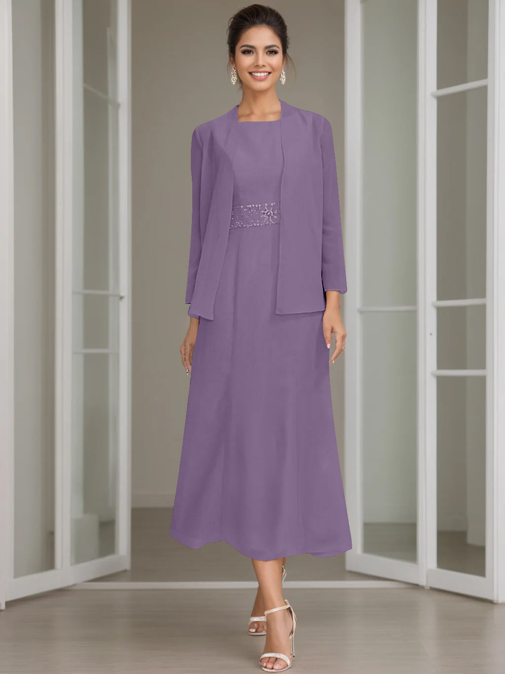 Sheath/Column Jewel Neck Tea Length Mother of the Bride Dresses with Jacket & Beading