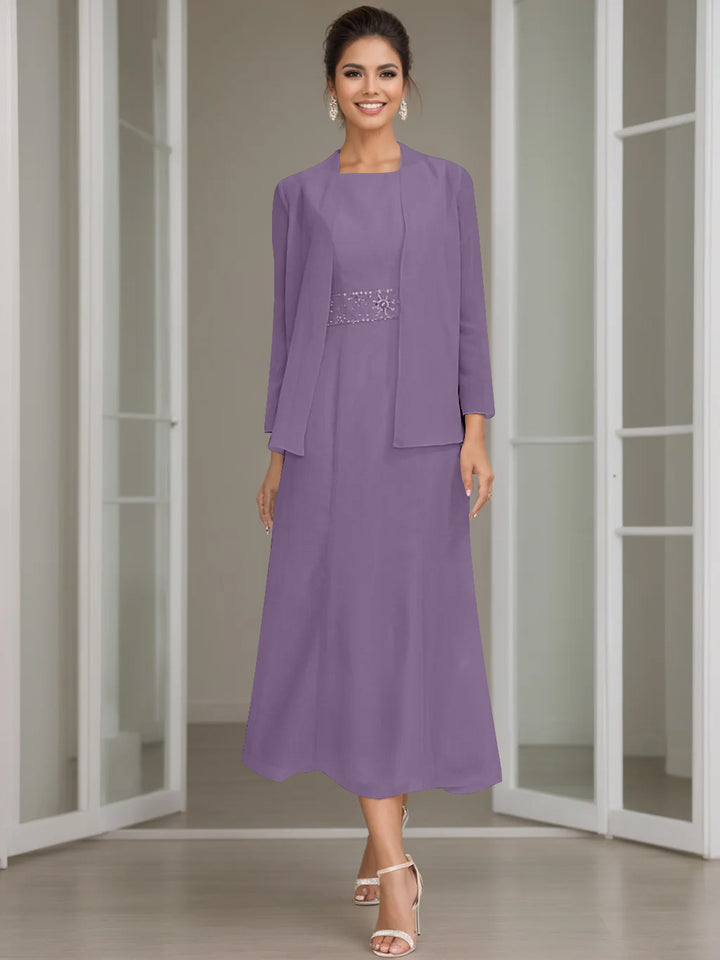 Sheath/Column Jewel Neck Tea Length Mother of the Bride Dresses with Jacket & Beading
