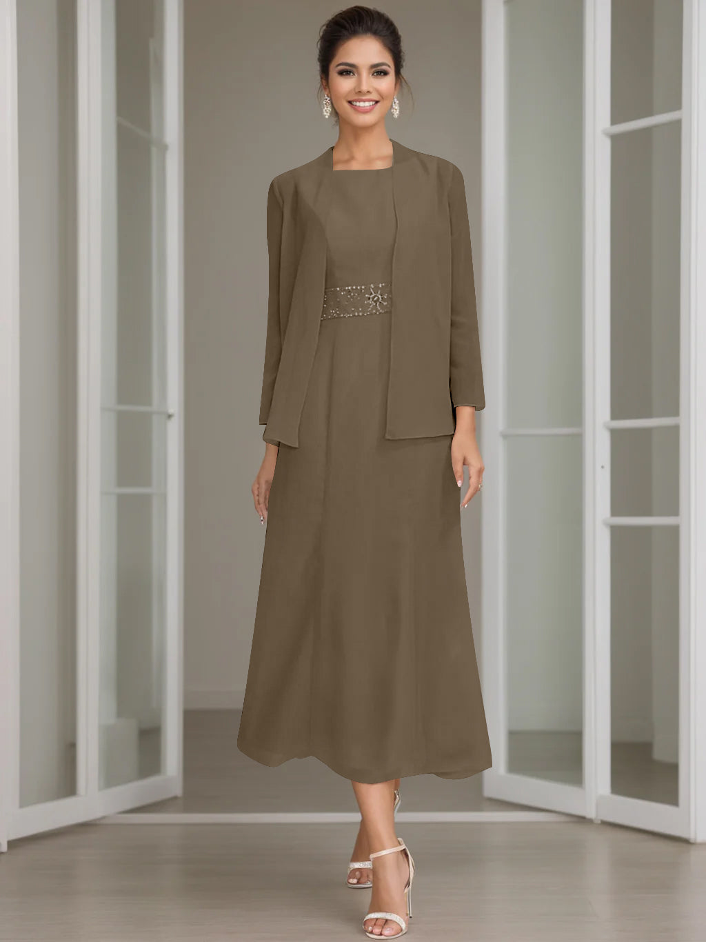 Sheath/Column Jewel Neck Tea Length Mother of the Bride Dresses with Jacket & Beading