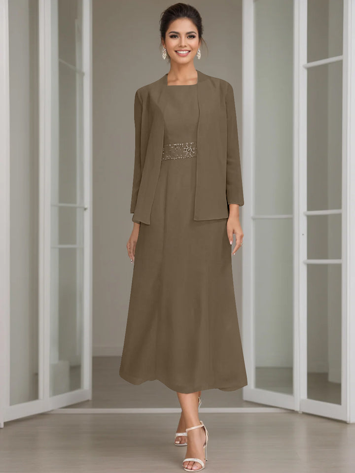 Sheath/Column Jewel Neck Tea Length Mother of the Bride Dresses with Jacket & Beading