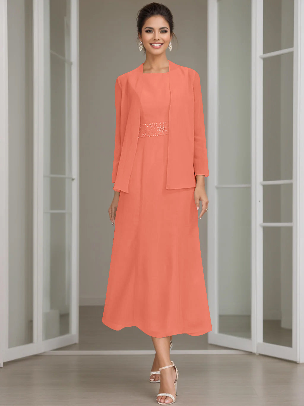 Sheath/Column Jewel Neck Tea Length Mother of the Bride Dresses with Jacket & Beading