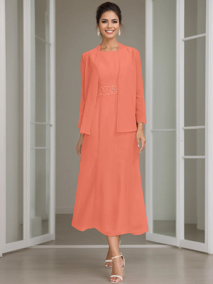 Sheath/Column Jewel Neck Tea Length Mother of the Bride Dresses with Jacket & Beading