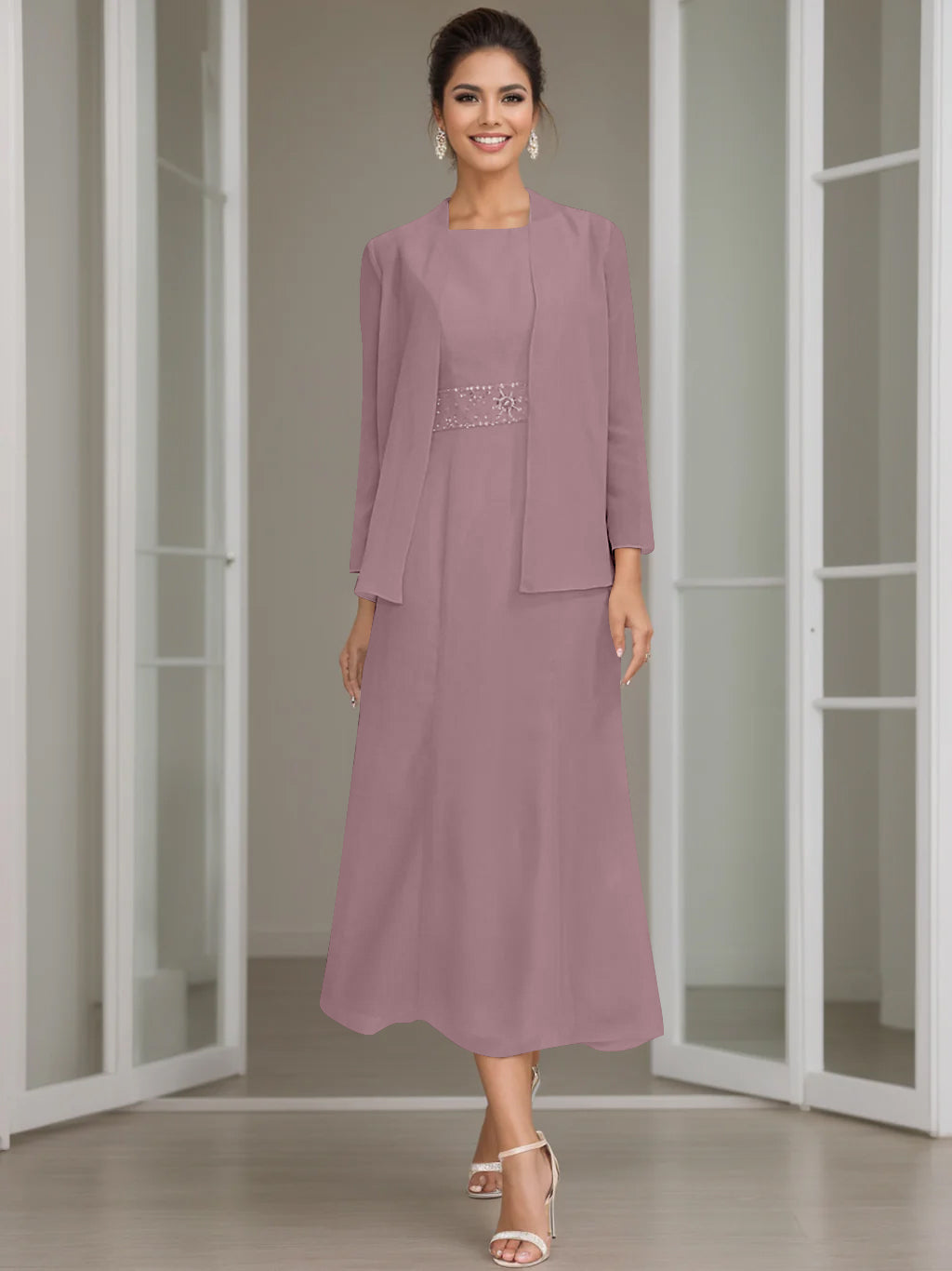 Sheath/Column Jewel Neck Tea Length Mother of the Bride Dresses with Jacket & Beading