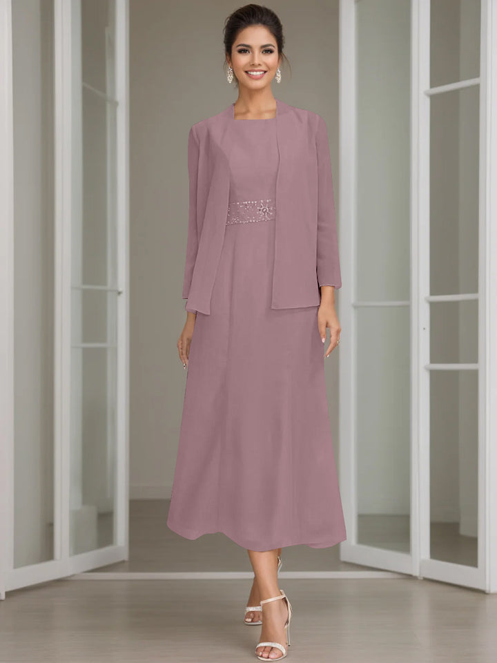 Sheath/Column Jewel Neck Tea Length Mother of the Bride Dresses with Jacket & Beading