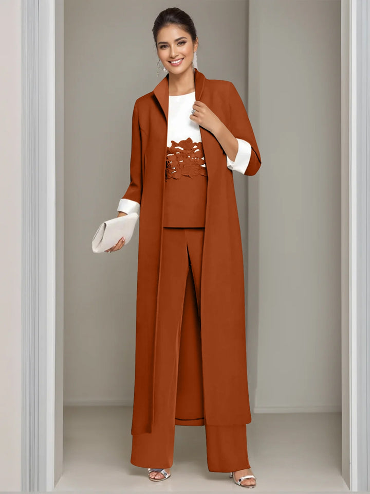 3 Pieces Square-Neck Ankle Length Mother of the Bride Pantsuits with Jacket & Appliques Lace