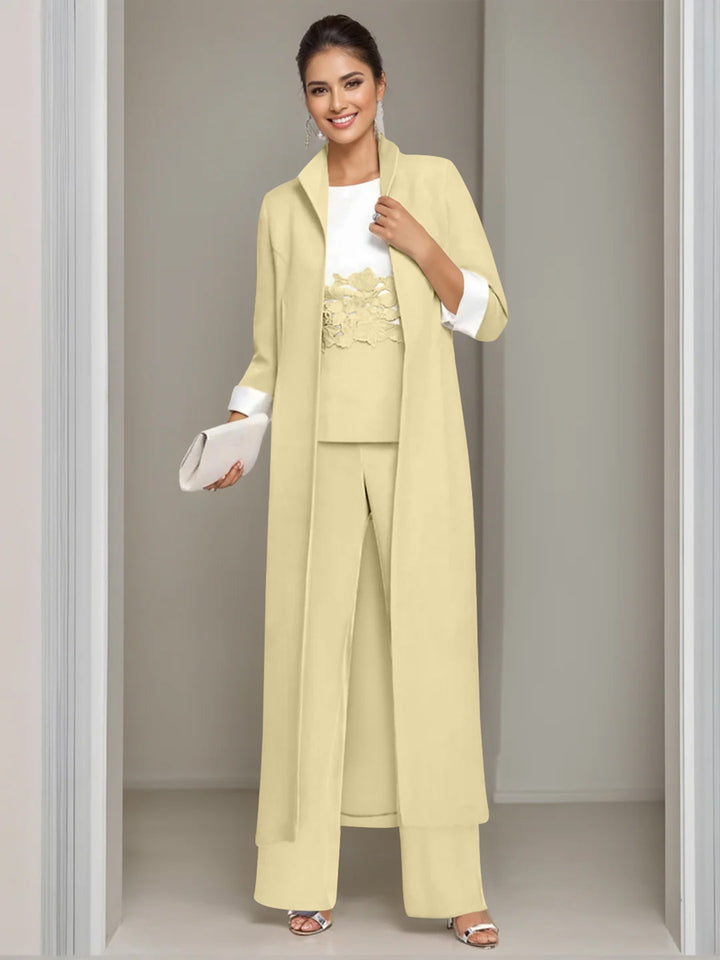 3 Pieces Square-Neck Ankle Length Mother of the Bride Pantsuits with Jacket & Appliques Lace