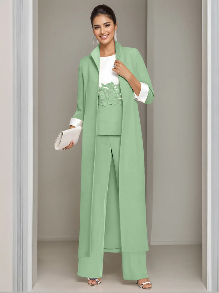 3 Pieces Square-Neck Ankle Length Mother of the Bride Pantsuits with Jacket & Appliques Lace
