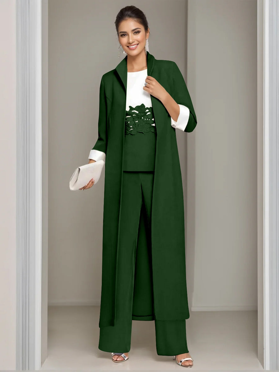 3 Pieces Square-Neck Ankle Length Mother of the Bride Pantsuits with Jacket & Appliques Lace