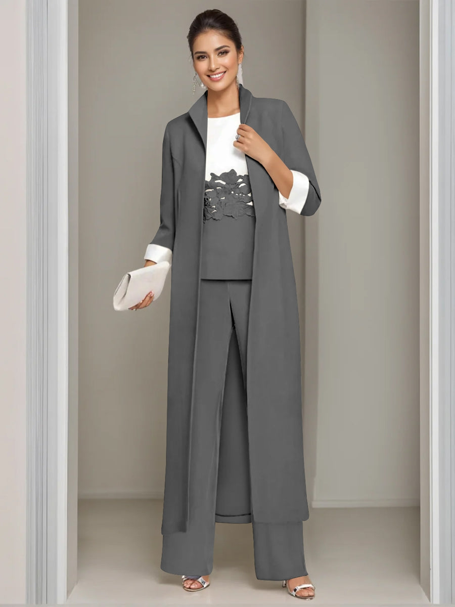3 Pieces Square-Neck Ankle Length Mother of the Bride Pantsuits with Jacket & Appliques Lace