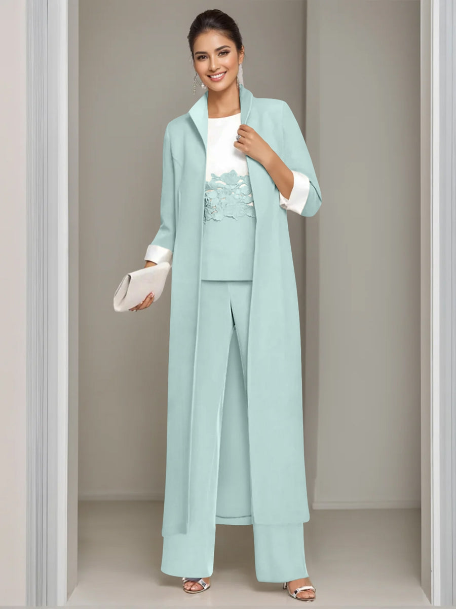3 Pieces Square-Neck Ankle Length Mother of the Bride Pantsuits with Jacket & Appliques Lace