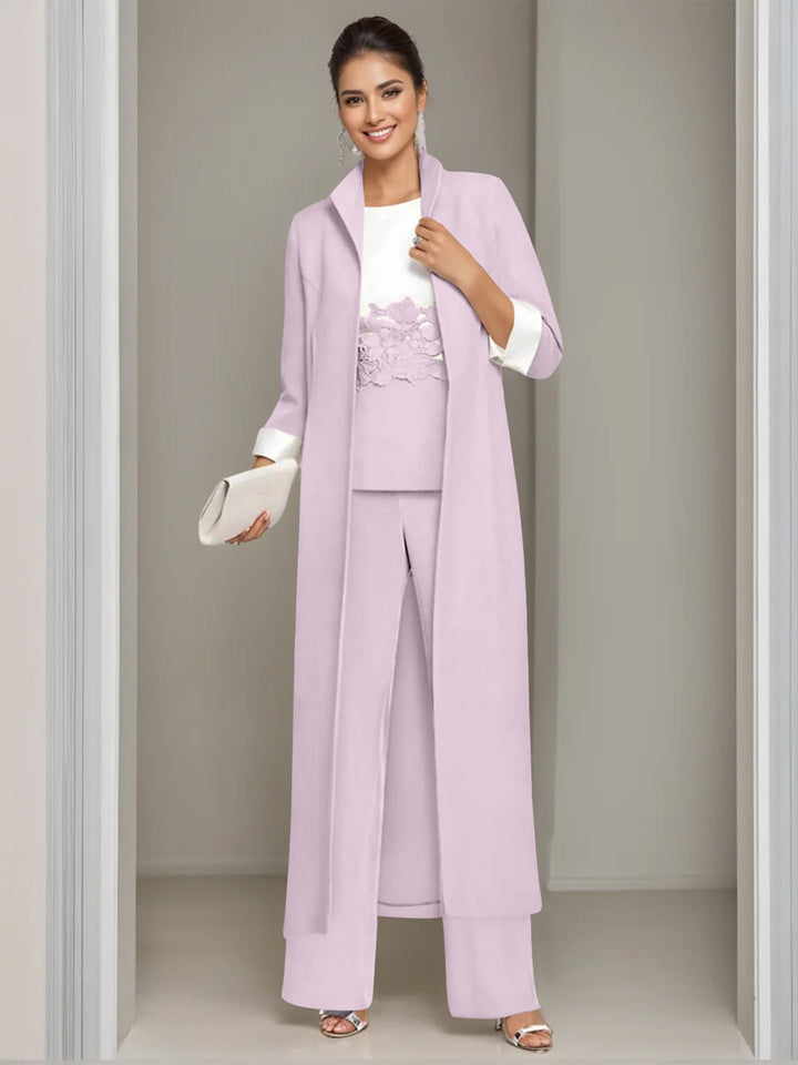 3 Pieces Square-Neck Ankle Length Mother of the Bride Pantsuits with Jacket & Appliques Lace