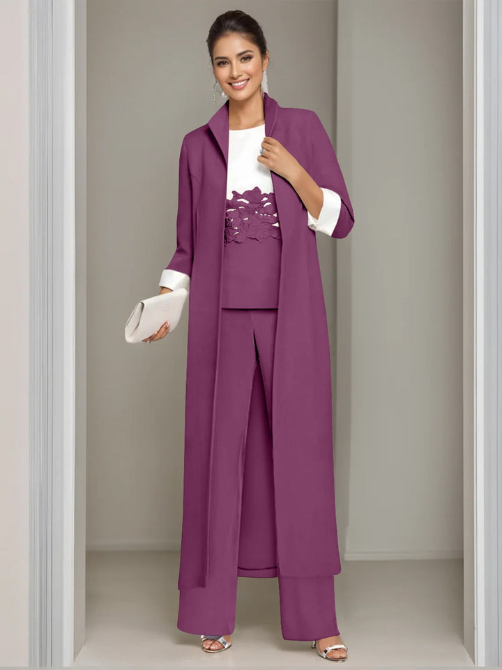 3 Pieces Square-Neck Ankle Length Mother of the Bride Pantsuits with Jacket & Appliques Lace