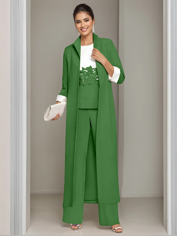 3 Pieces Square-Neck Ankle Length Mother of the Bride Pantsuits with Jacket & Appliques Lace