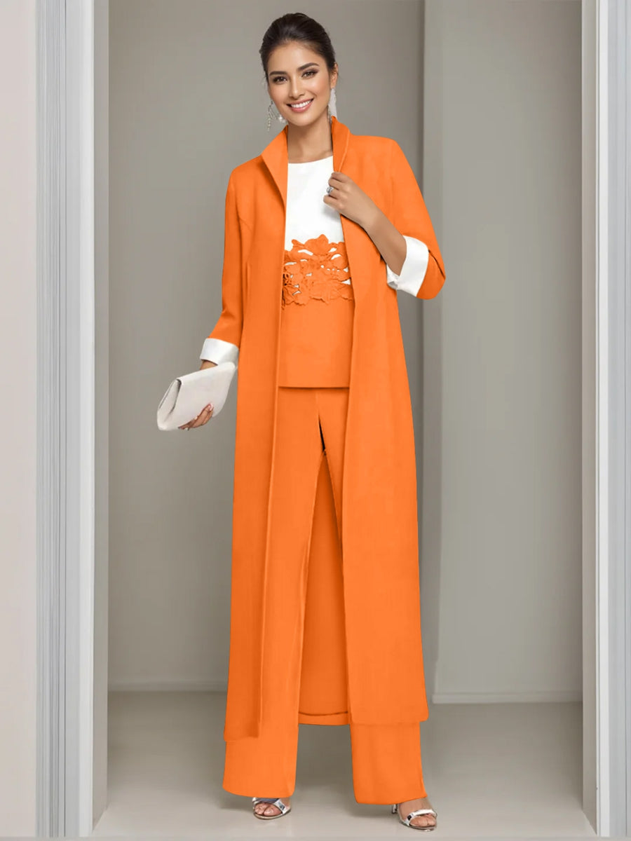 3 Pieces Square-Neck Ankle Length Mother of the Bride Pantsuits with Jacket & Appliques Lace