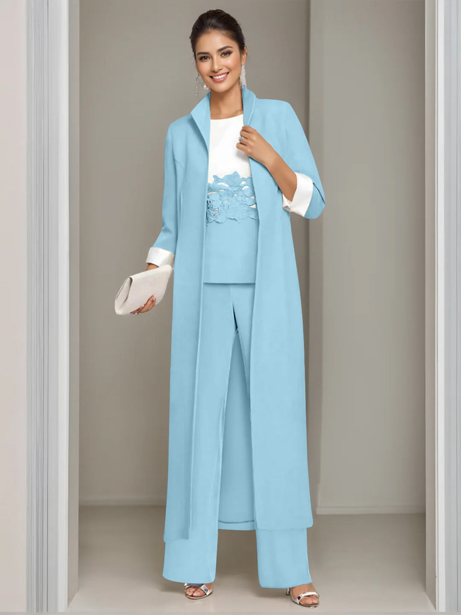3 Pieces Square-Neck Ankle Length Mother of the Bride Pantsuits with Jacket & Appliques Lace