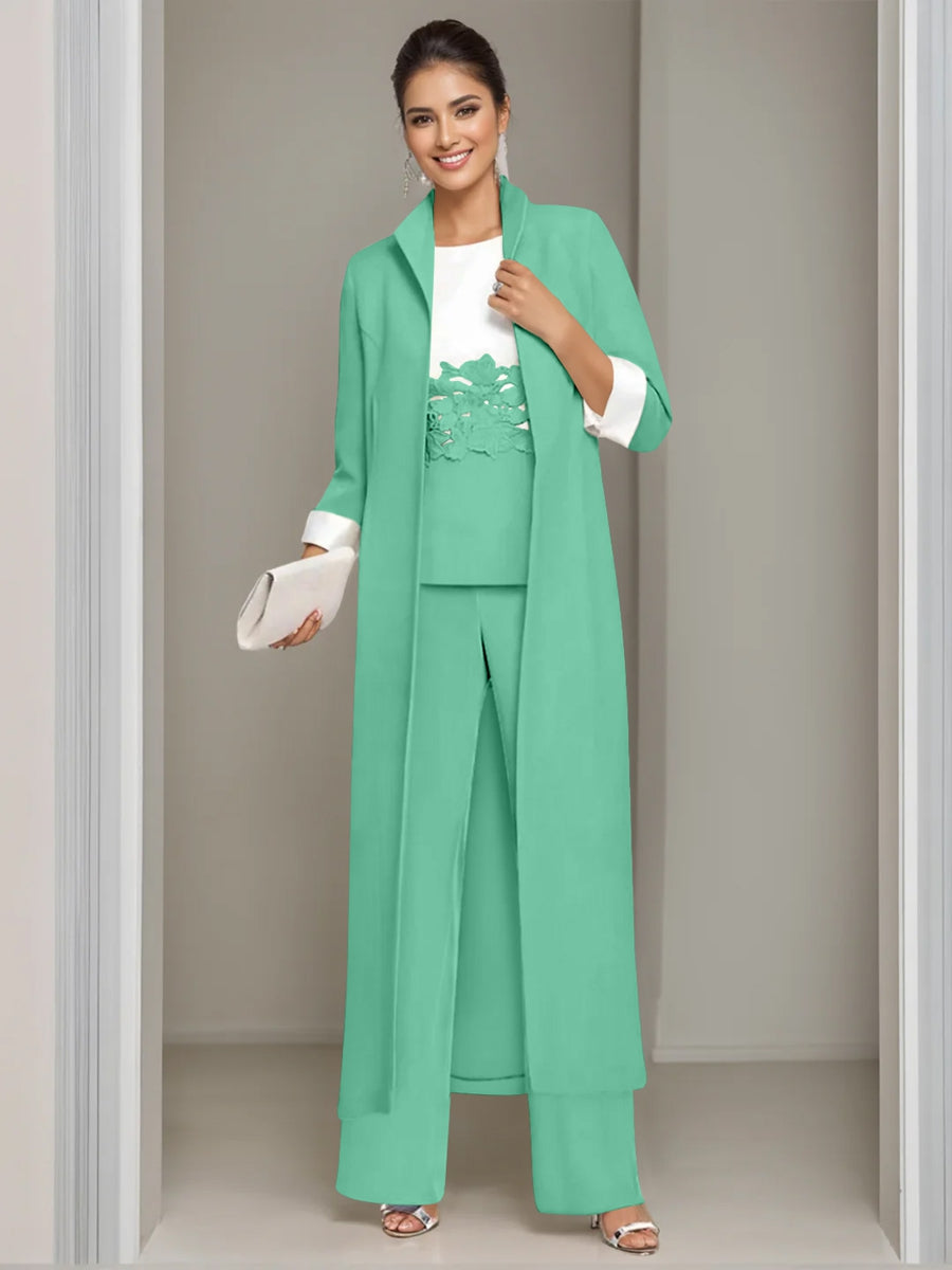 3 Pieces Square-Neck Ankle Length Mother of the Bride Pantsuits with Jacket & Appliques Lace