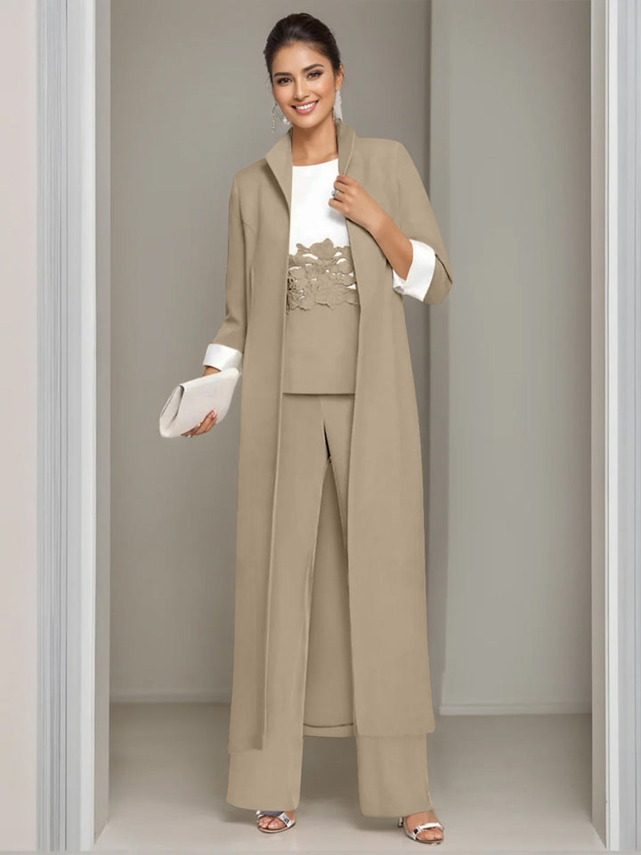 3 Pieces Square-Neck Ankle Length Mother of the Bride Pantsuits with Jacket & Appliques Lace